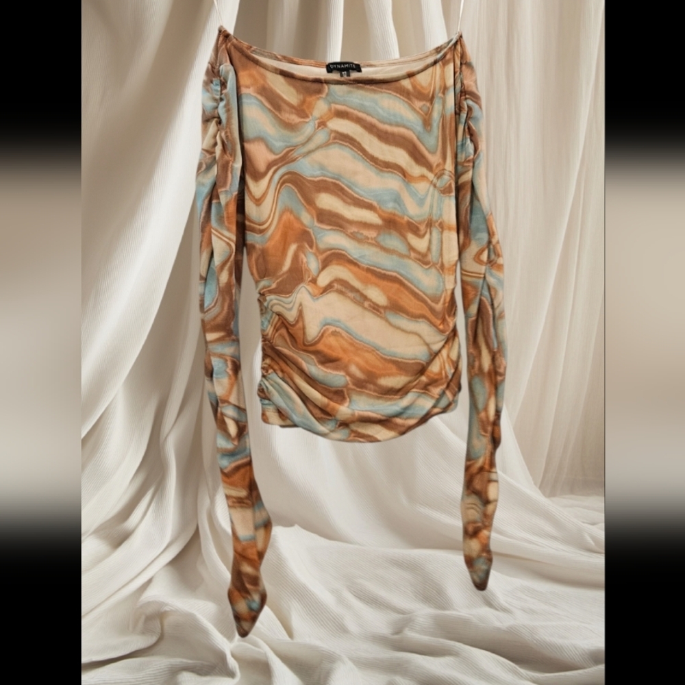 Dynamite Sheer Teal and Brown Women's Small Long-Sleeved Top